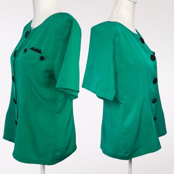 Vintage 80s Green Button Up Blouse Black Buttons Retro Short Sleeve Medium - Picture 4 of 9